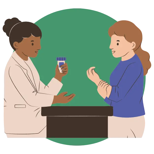 Illustration of black pharmacist giving medication to a white lady with an injured arm